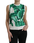 Top sans manches Dolce & Gabbana blanc avec motif de feuilles de bananier, col ras du cou, style décontracté.