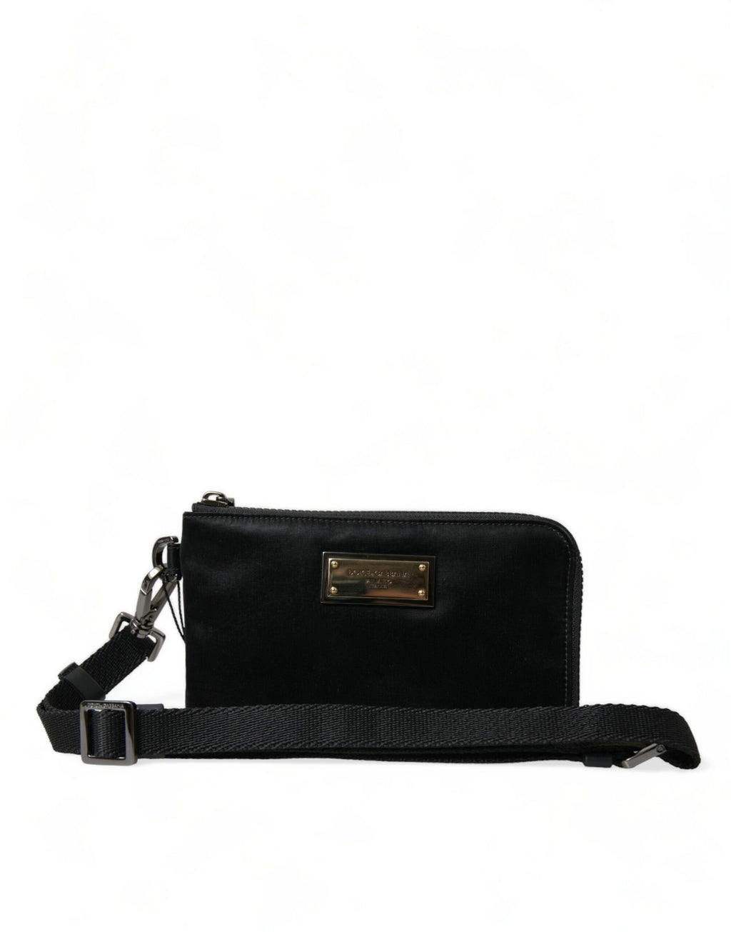 Pochette Dolce & Gabbana en nylon noir avec logo, porte-clés et design élégant, vue de face.