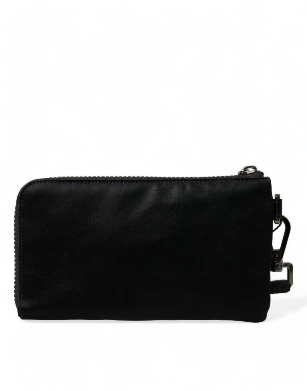Porte-clés en nylon noir Dolce & Gabbana avec plaque logo, attaché à une petite pochette ou clutch élégante.