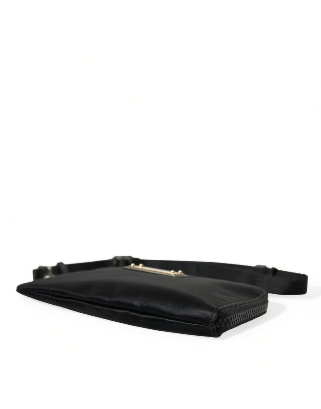 Pochette Dolce & Gabbana en nylon noir avec logo en plaque, porte-clés intégré, style élégant et pratique.