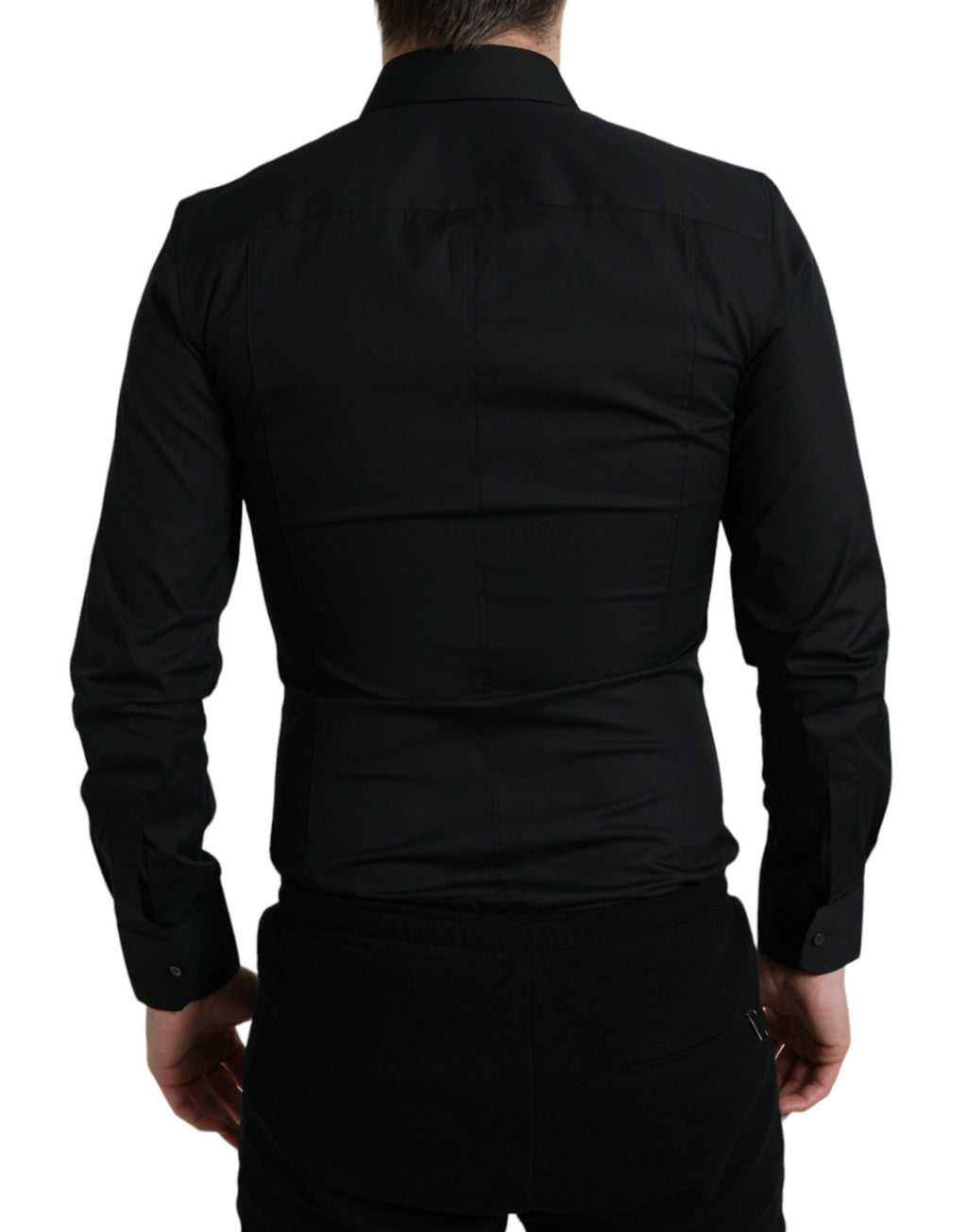 Chemise formelle noire en coton stretch Dolce & Gabbana, coupe slim, vue de face sur une chemise élégante.