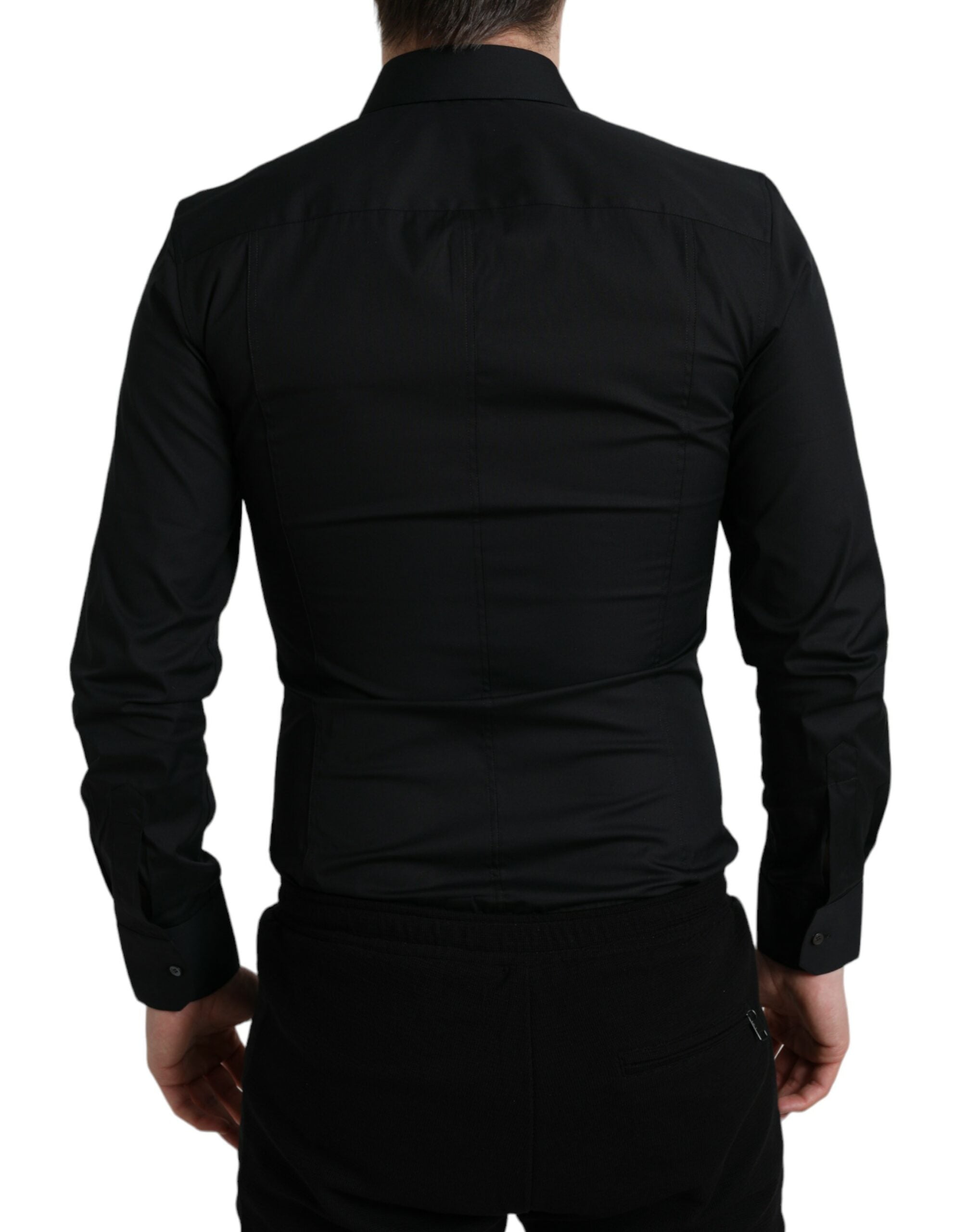 Chemise formelle noire en coton stretch Dolce & Gabbana, coupe slim, vue de face sur une chemise élégante.