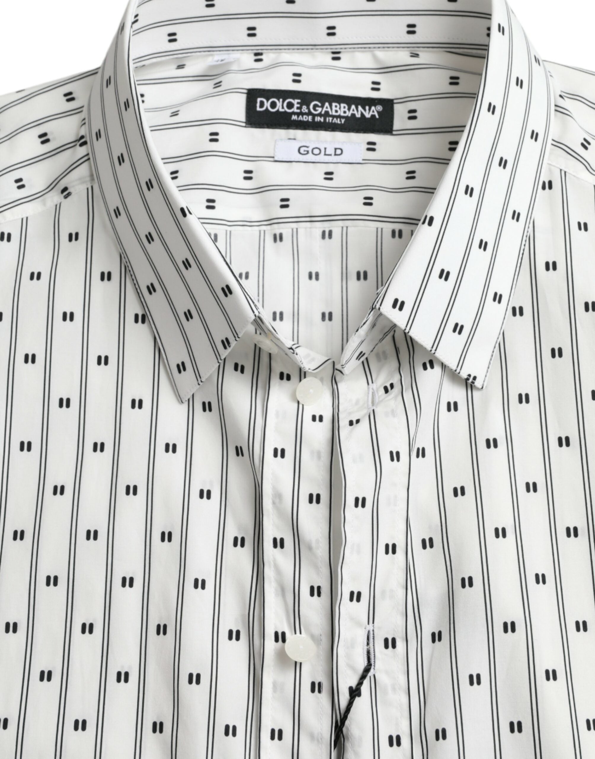 Chemise formelle blanche à motif doré pour homme Dolce & Gabbana, style élégant et sophistiqué, vue de face.
