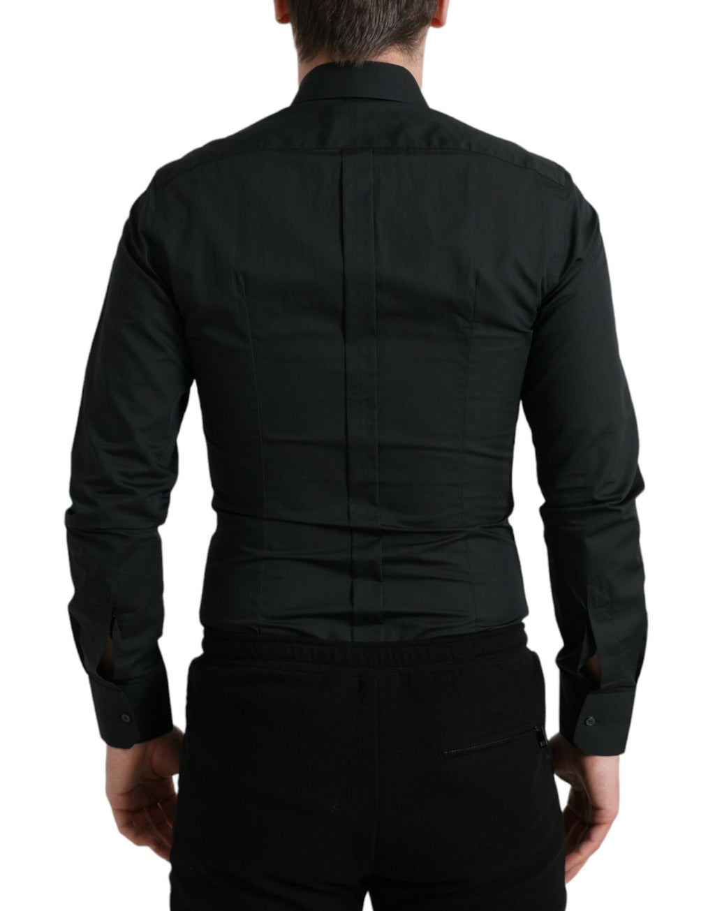 Chemise formelle noire en coton et soie Dolce & Gabbana avec détails dorés, vue de face.