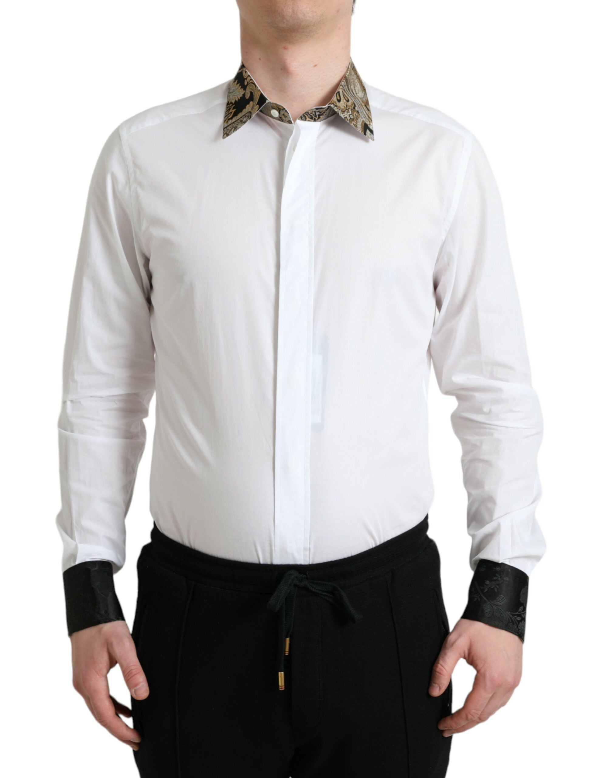 Chemise formelle blanche en coton jacquard Dolce & Gabbana avec détails dorés, tissu élégant et sophistiqué.
