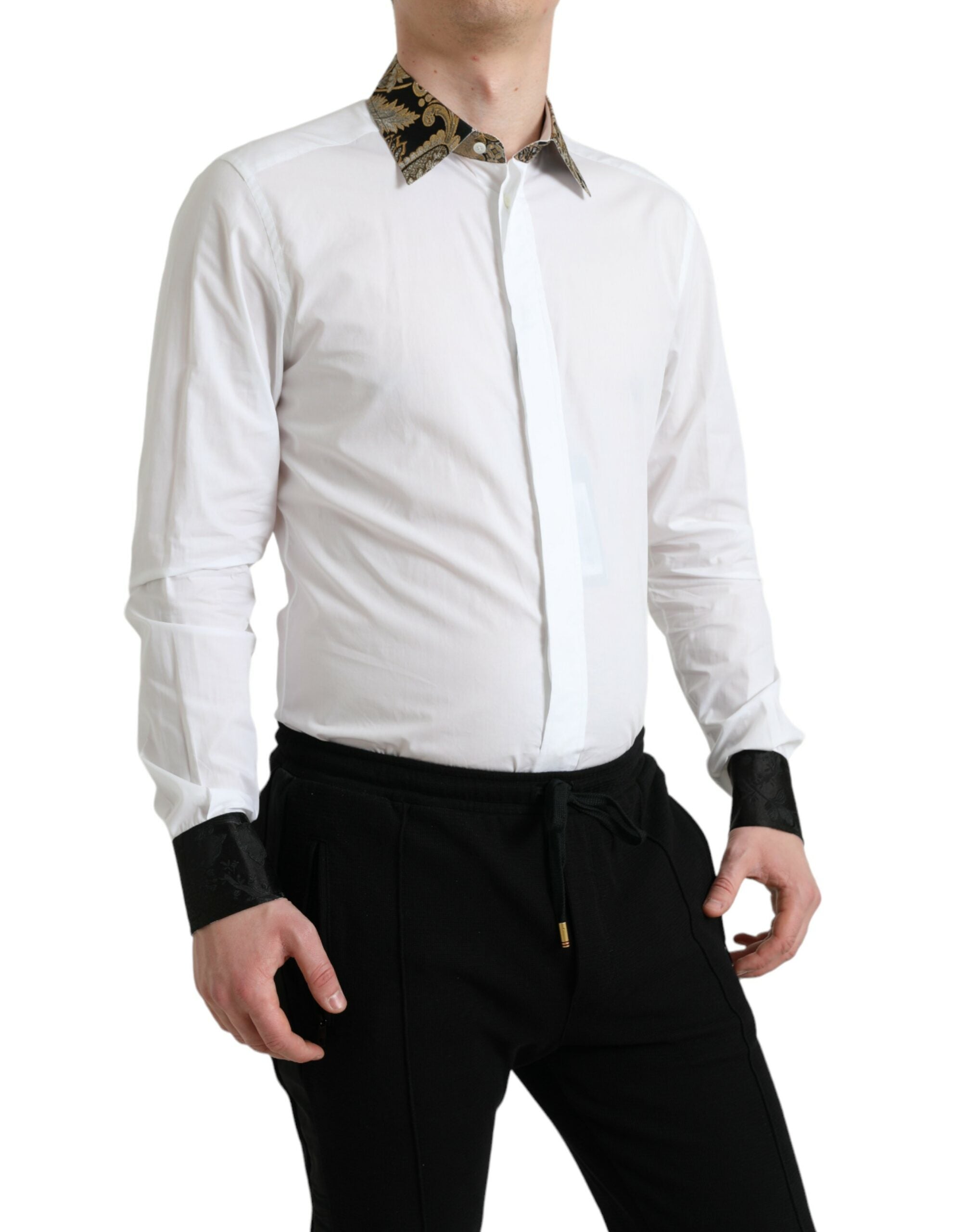 Chemise formelle Dolce & Gabbana en coton blanc jacquard avec détails dorés, élégante et sophistiquée.
