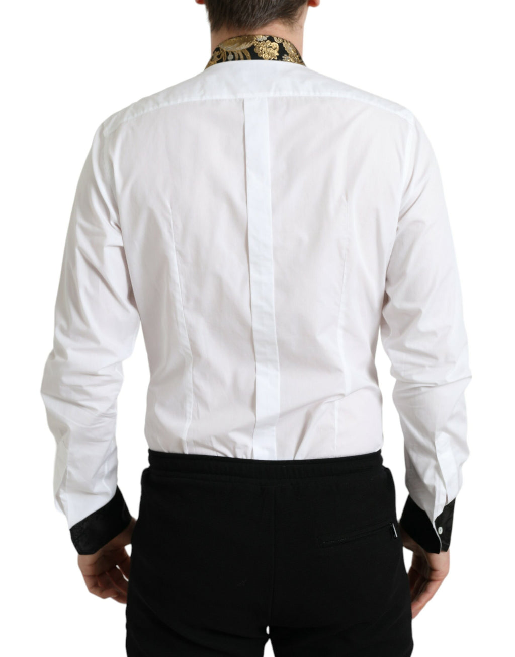 Chemise formelle en coton blanc à jacquard doré de Dolce & Gabbana, élégante chemise pour homme.