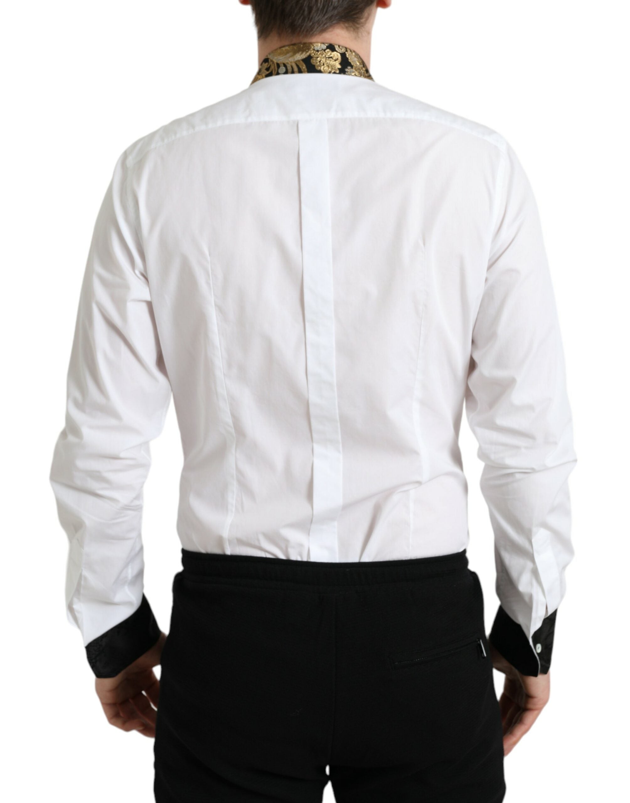 Chemise formelle en coton blanc à jacquard doré de Dolce & Gabbana, élégante chemise pour homme.