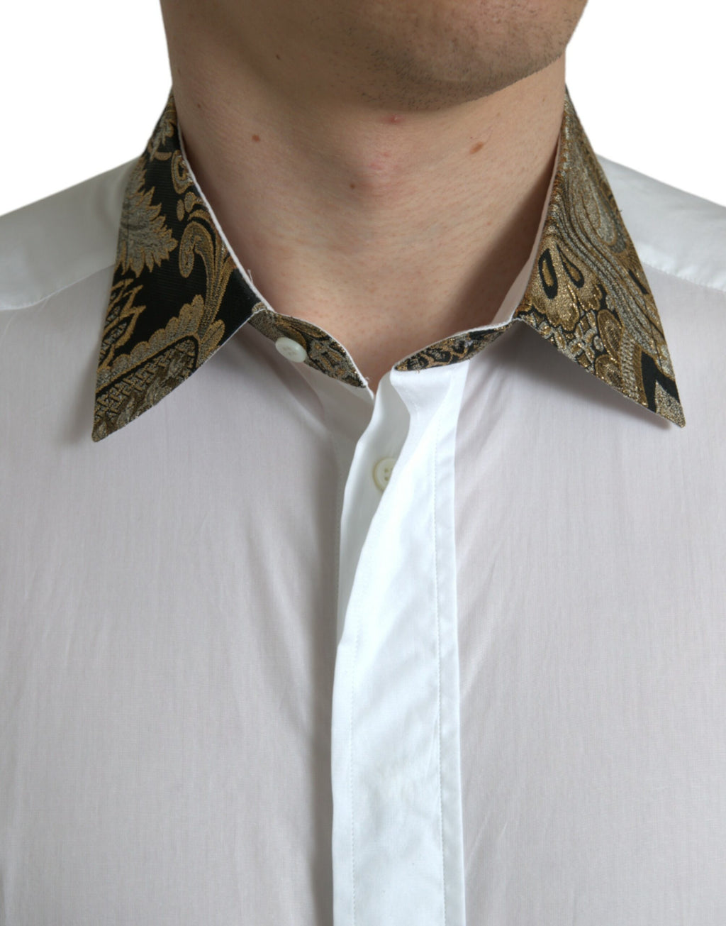 Chemise blanche en coton jacquard Dolce & Gabbana pour homme, style formel avec détails dorés.