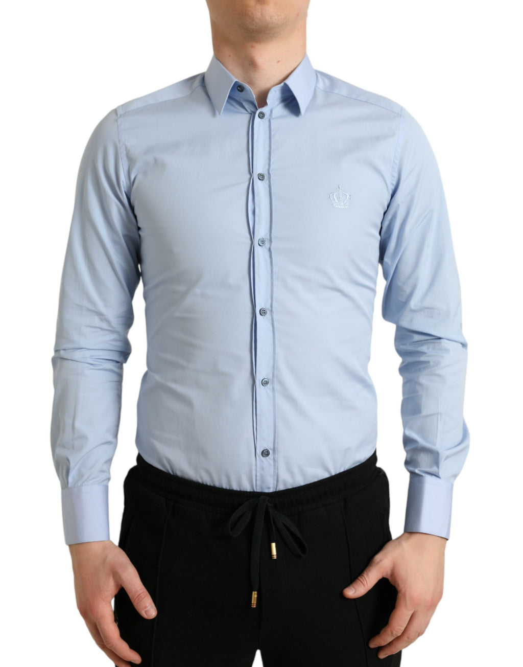 Chemise formelle en coton bleu ciel de Dolce & Gabbana pour homme, avec détails dorés élégants.