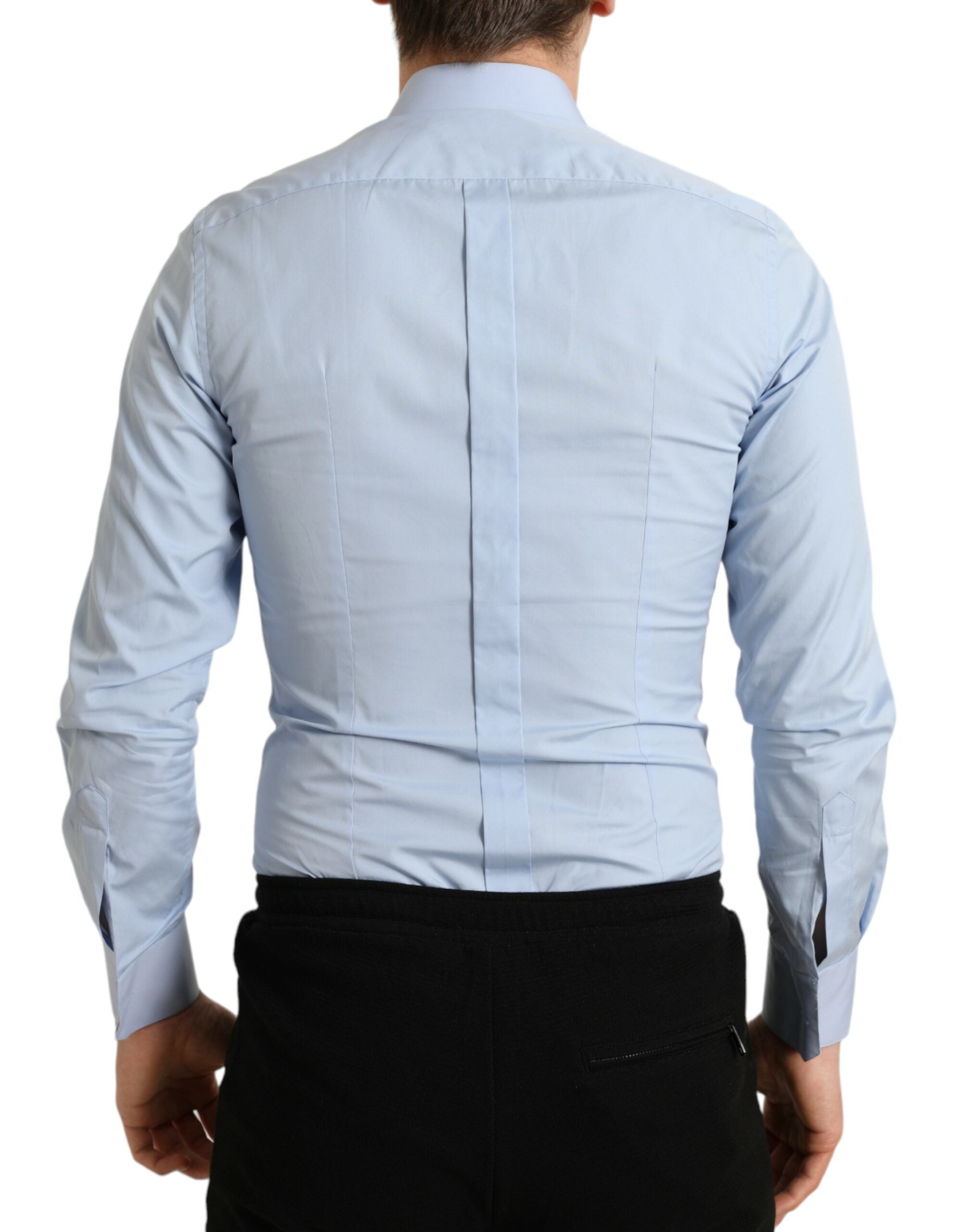 Chemise homme Dolce & Gabbana en coton bleu ciel avec détails dorés pour une tenue formelle élégante.