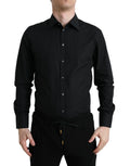 Chemise formelle noire en coton pour homme Dolce & Gabbana avec détails dorés, vue de face.