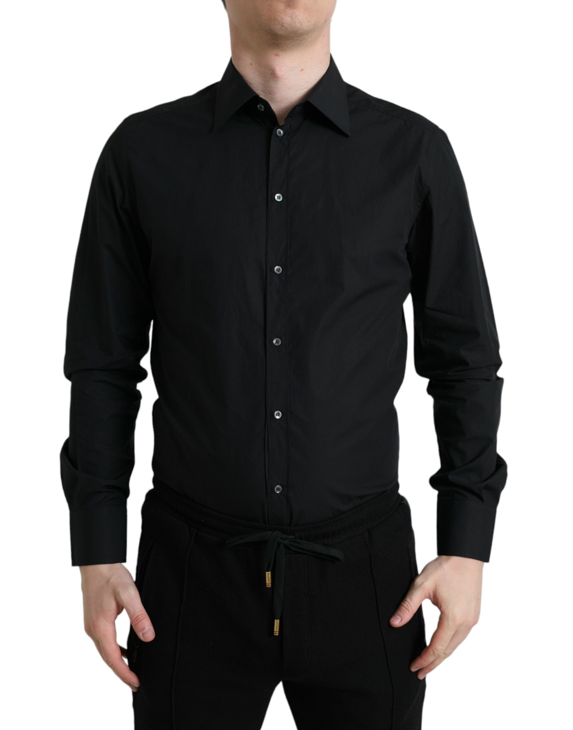 Chemise formelle noire en coton pour homme Dolce & Gabbana avec détails dorés, vue de face.