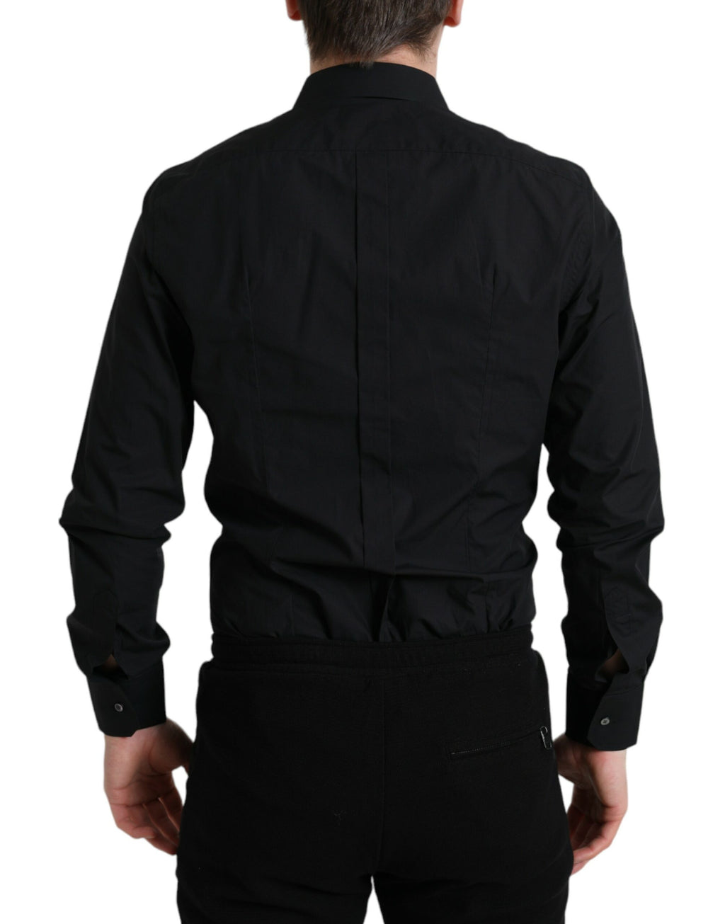 Chemise formelle noire en coton pour hommes de Dolce & Gabbana avec détails dorés, élégante et sophistiquée.