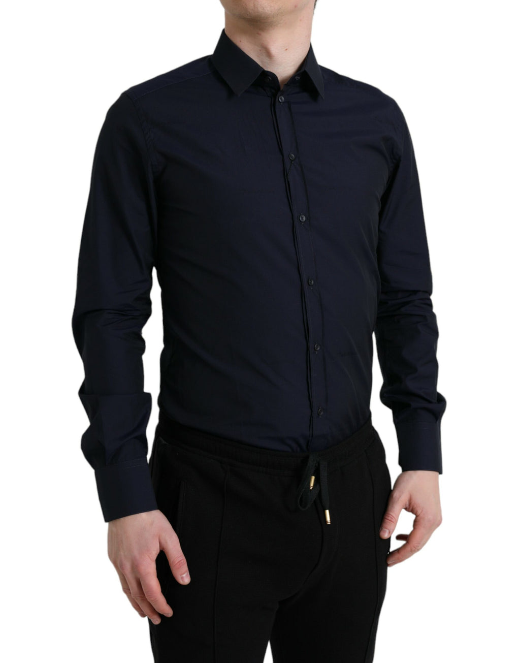 Chemise formelle bleue marine Dolce & Gabbana à coupe slim fit avec détails dorés, vue de face sur mannequin.