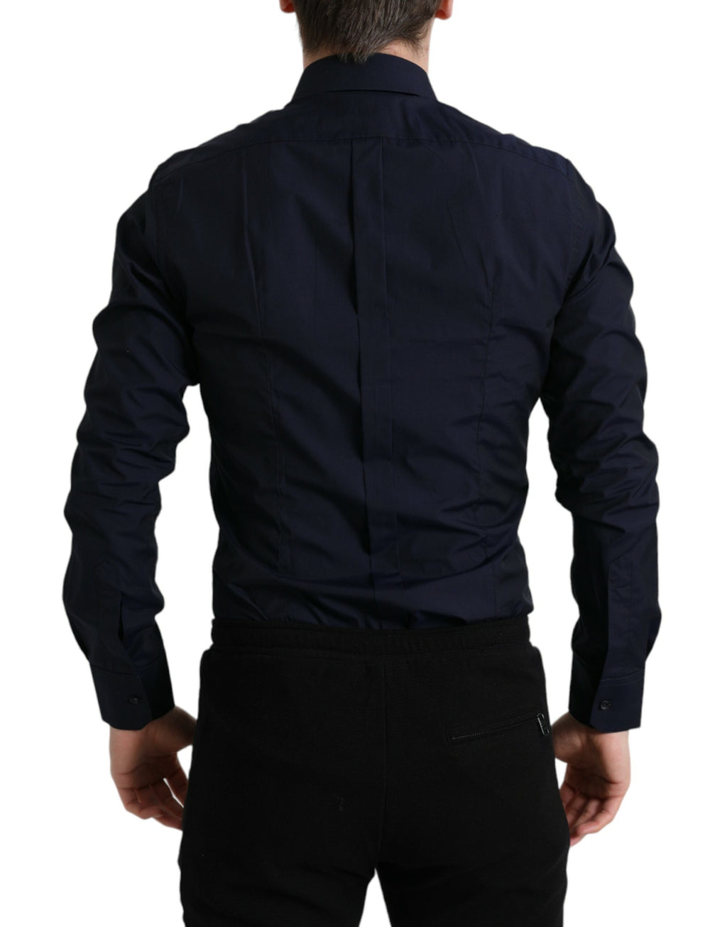 Chemise de costume Dolce & Gabbana bleu marine, coupe slim fit, avec détails dorés, vêtement formel élégant.