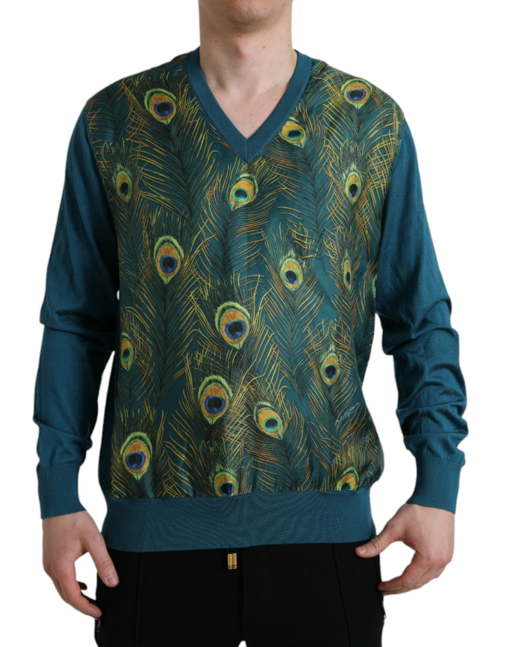 Pull en laine Dolce & Gabbana avec motif de paon vert, col rond et détails élégants, parfait pour un style sophistiqué.