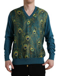 Pull en laine Dolce & Gabbana avec motif de paon vert, col rond et détails élégants, parfait pour un style sophistiqué.