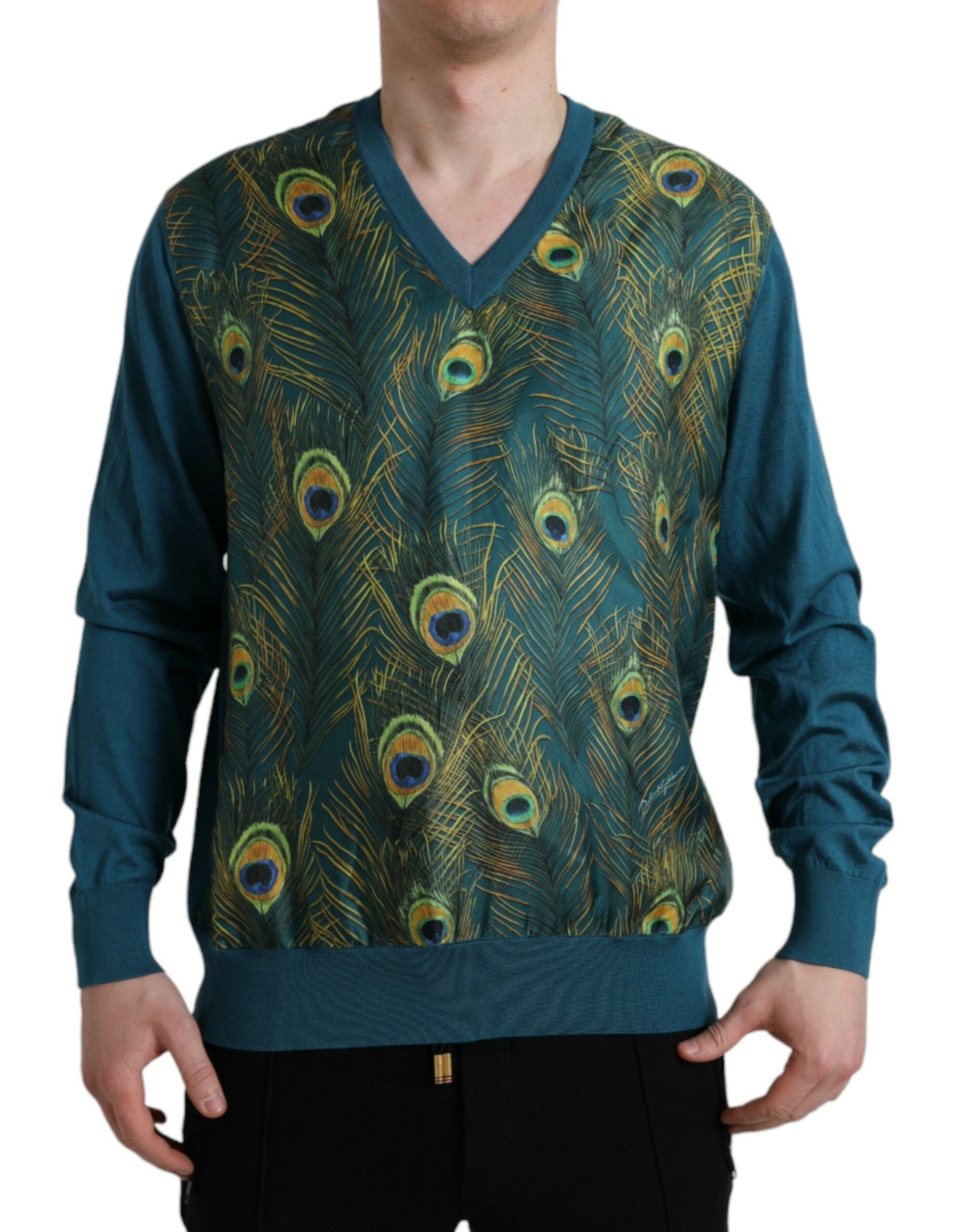 Pull en laine Dolce & Gabbana avec motif de paon vert, col rond et détails élégants, parfait pour un style sophistiqué.
