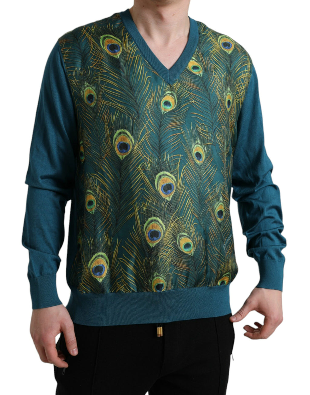 pull à col rond Dolce & Gabbana en cachemire vert avec plumes de paon, élégant et confortable.