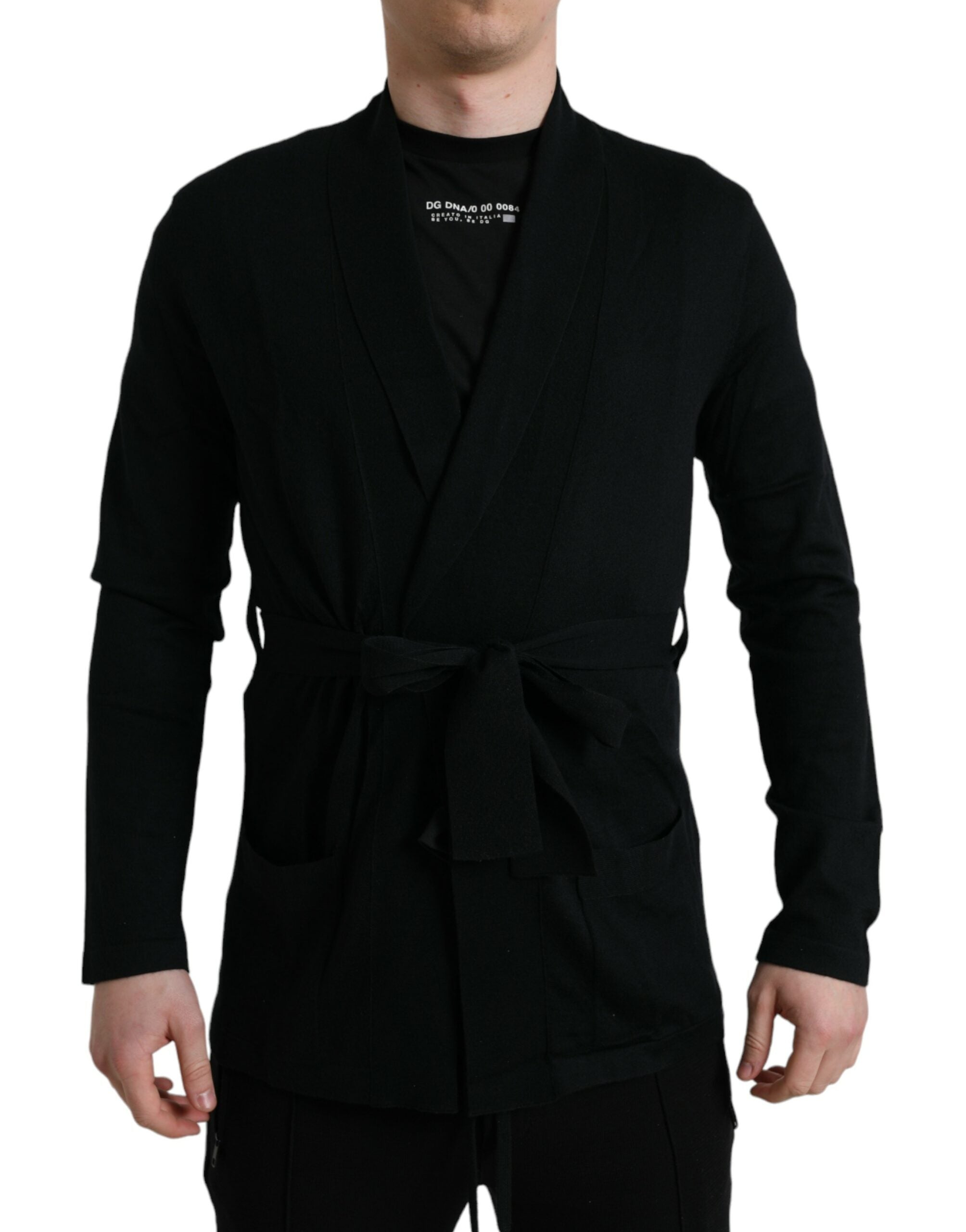 Robe longue en cachemire noir Dolce & Gabbana avec ceinture et manches longues, élégante et sophistiquée.