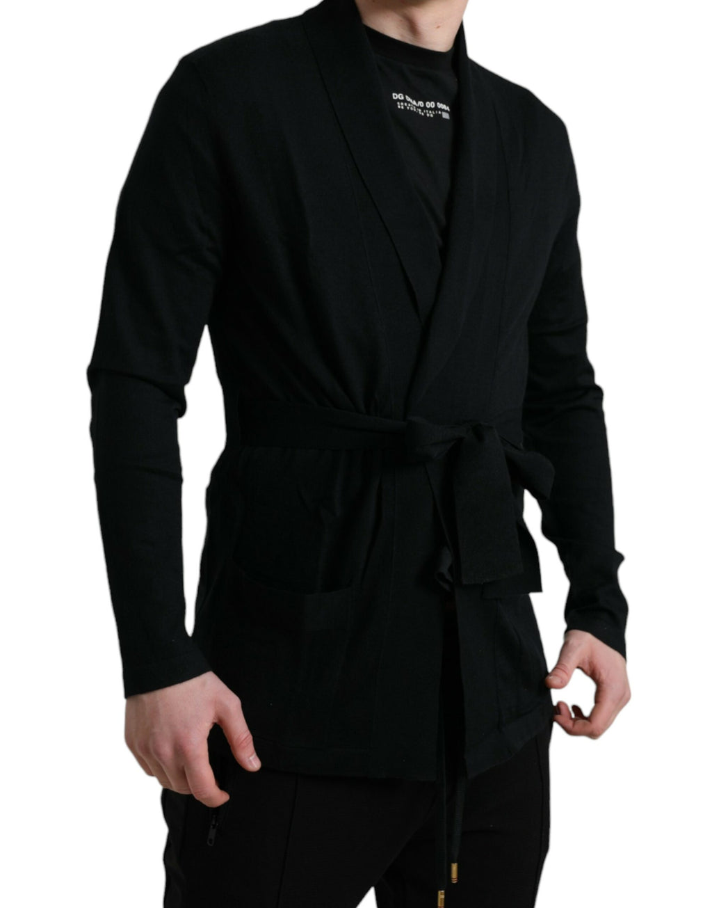 Robe longue en cachemire noir Dolce & Gabbana avec ceinture et manches longues, élégante et sophistiquée.
