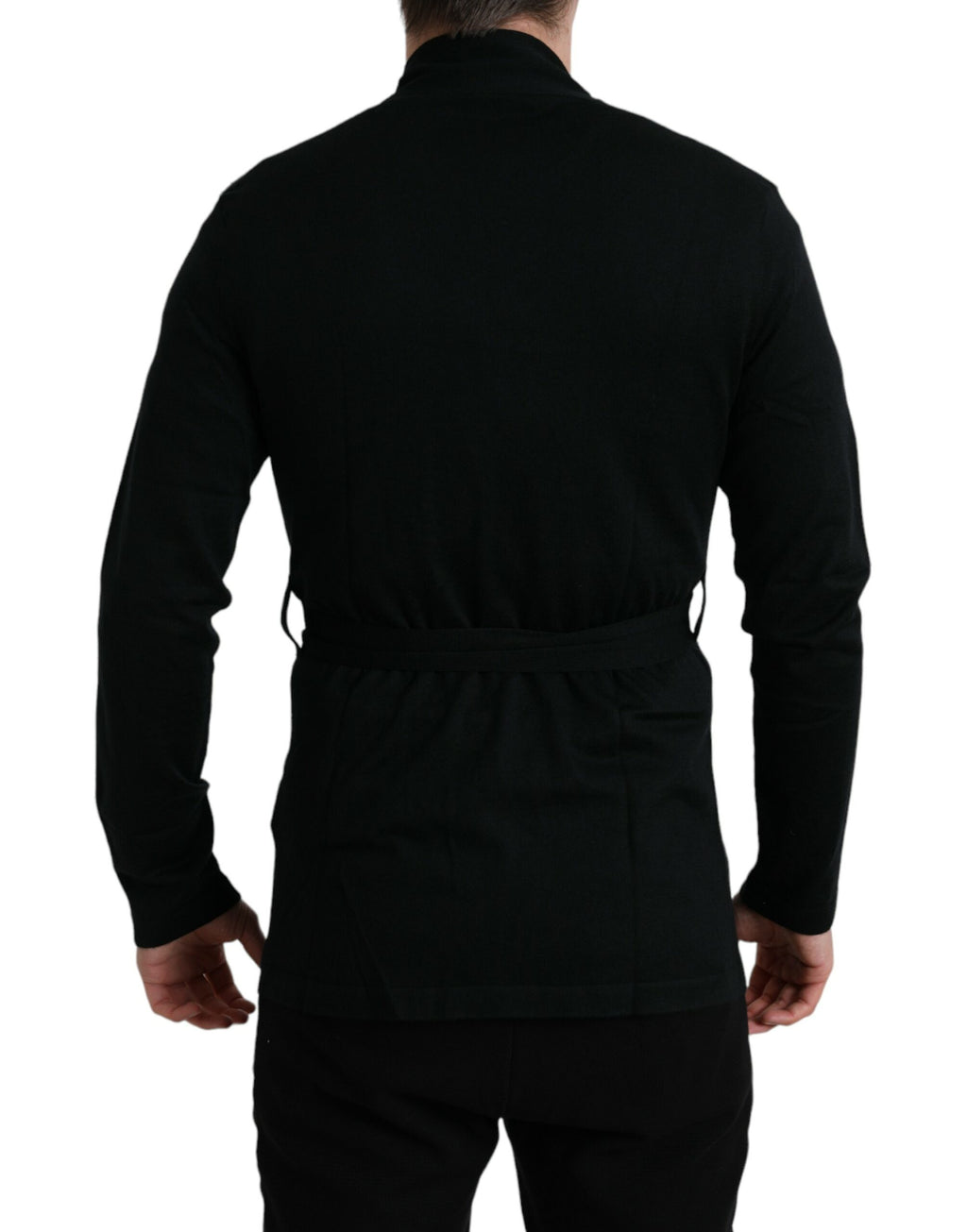 Robe longue en cachemire noir Dolce & Gabbana avec ceinture, manches longues et style wrap élégant.
