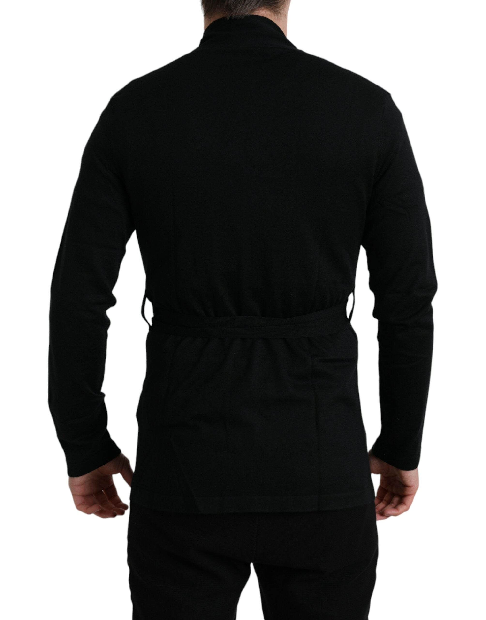 Robe longue en cachemire noir Dolce & Gabbana avec ceinture, manches longues et style wrap élégant.