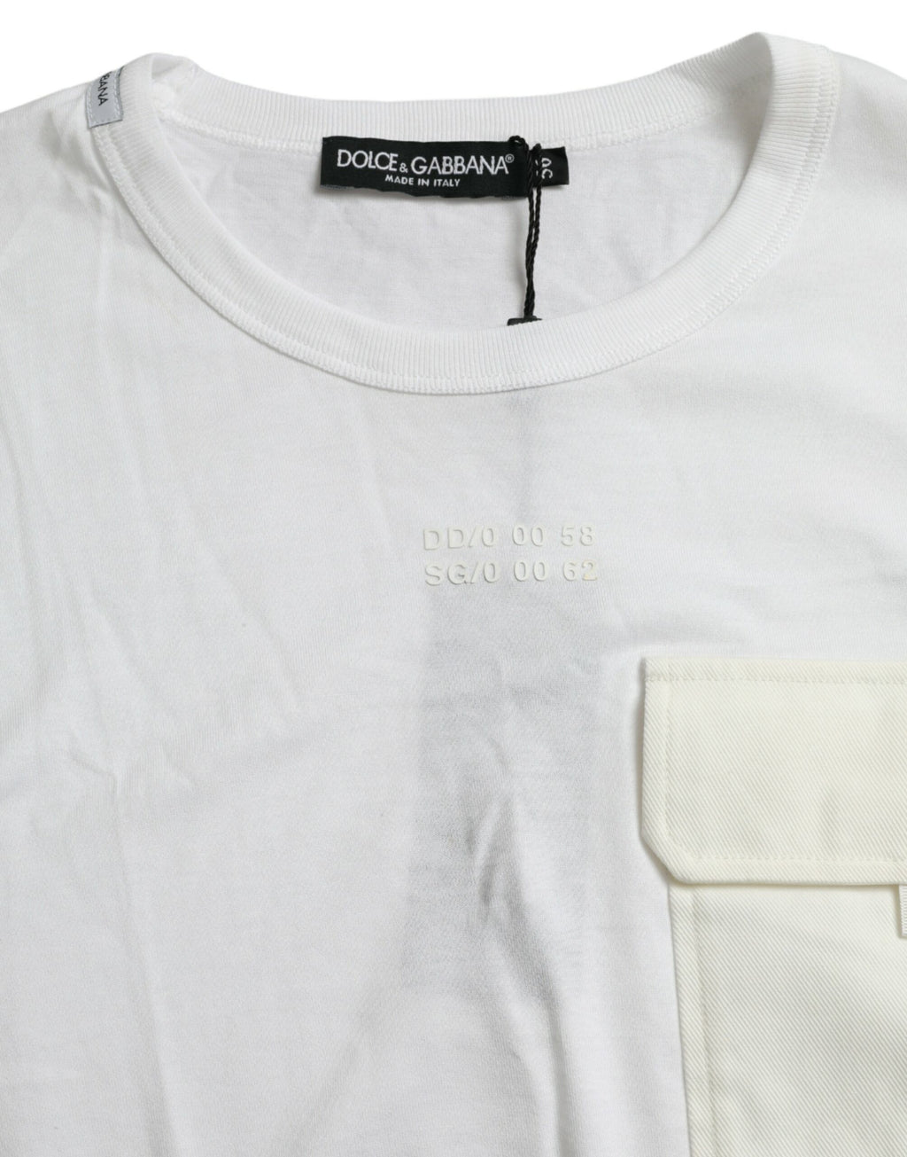 T-shirt blanc en coton Dolce & Gabbana à manches courtes avec poche, vue de face.