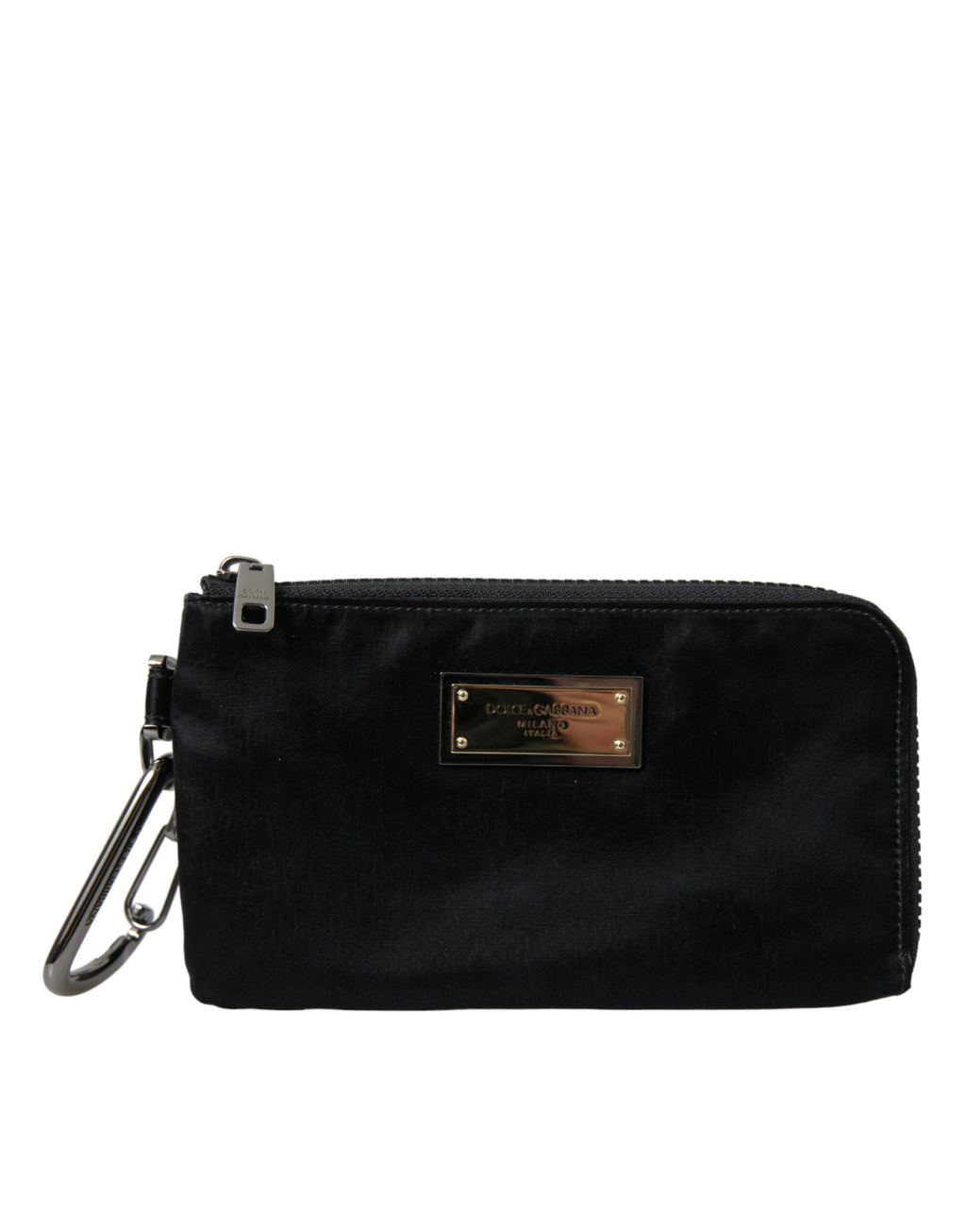 Pochette porte-clés en nylon noir Dolce & Gabbana avec logo, plaque en métal et design compact, destiné à contenir clés ou petits objets.