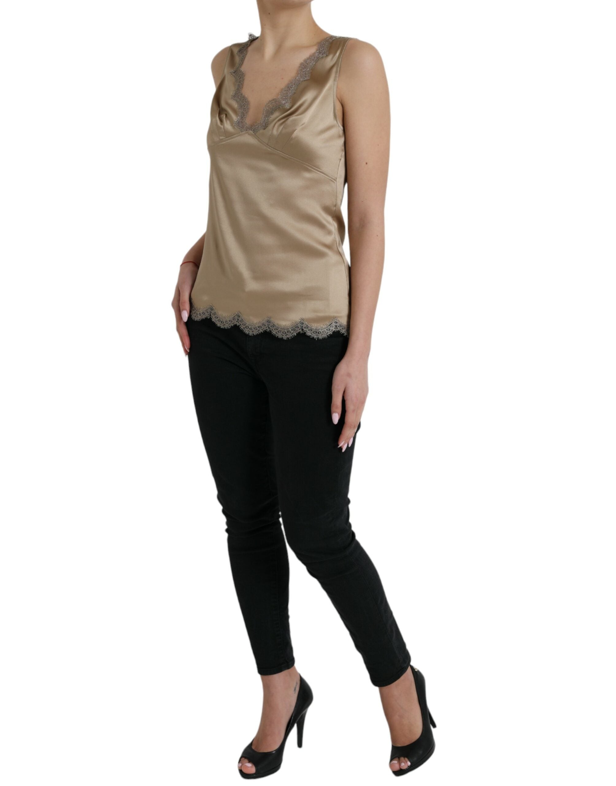 Débardeur sans manches Dolce & Gabbana en satin marron avec bordure en dentelle et col en V.