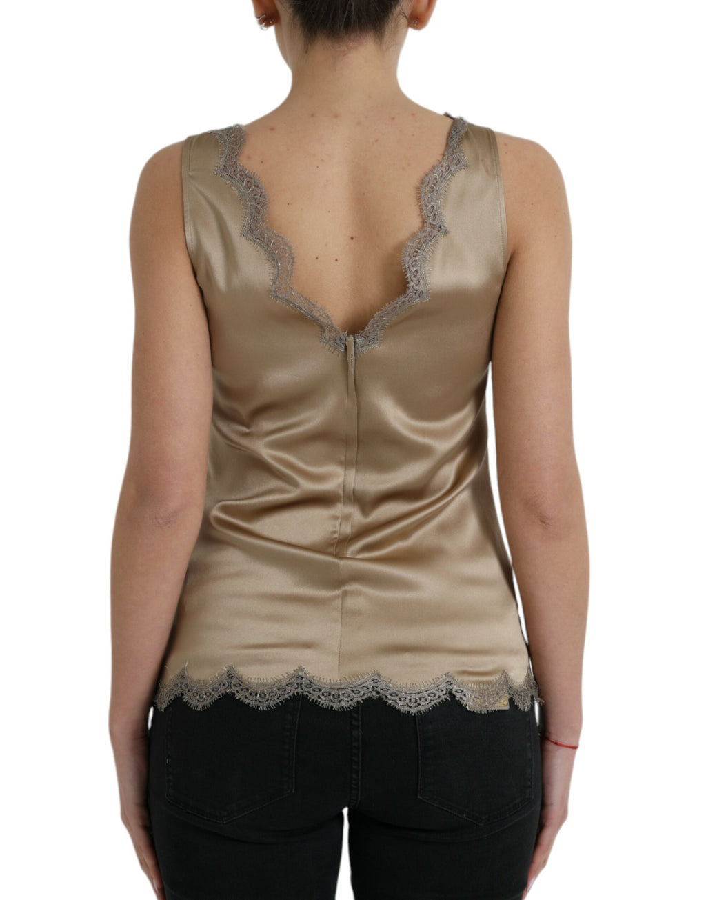 Top sans manches Dolce & Gabbana en coton marron avec bordure en dentelle et décolleté en V, style élégant et féminin.