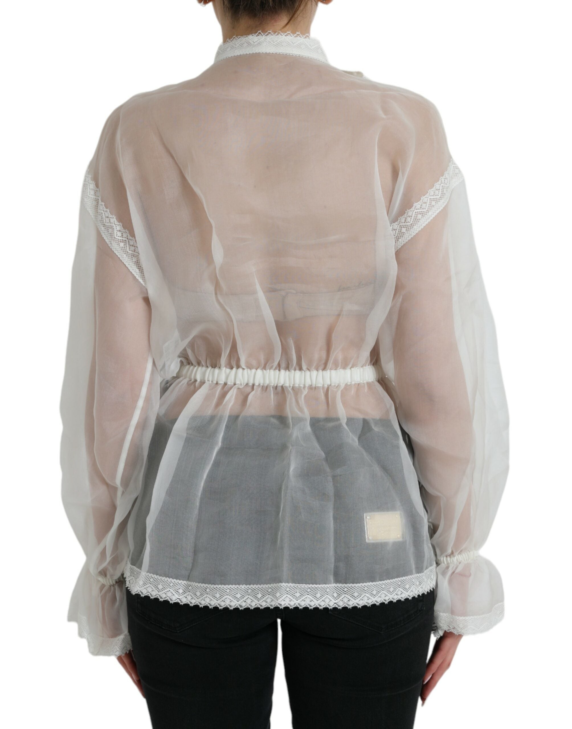 Chemise blanche en soie Dolce & Gabbana avec manches longues et col ascot, élégante et sophistiquée.