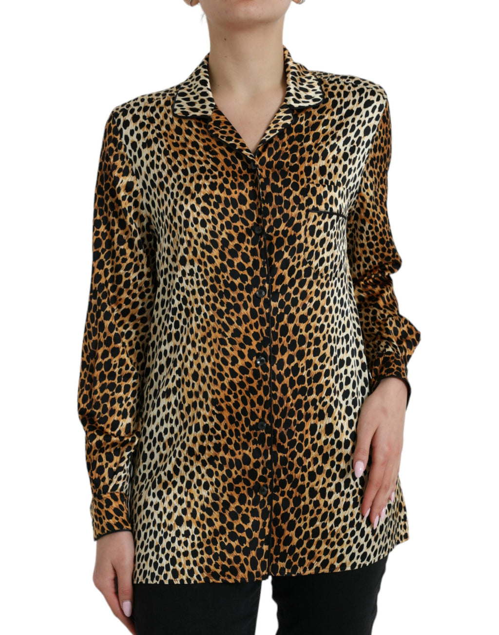Chemisier Dolce & Gabbana à manches longues avec motif léopard marron, style élégant et tendance.