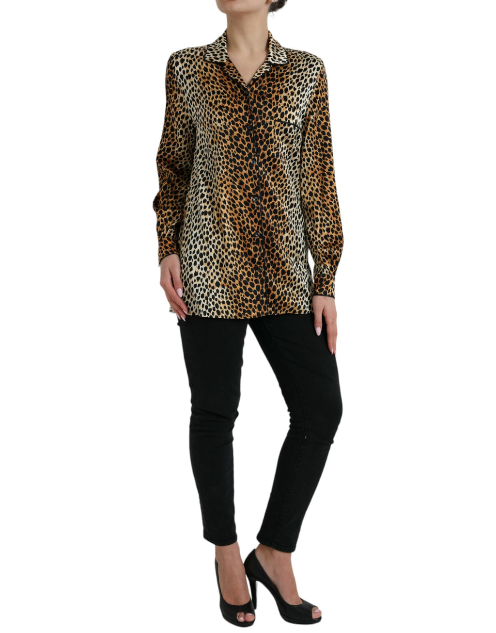 Blouse Dolce & Gabbana à manches longues avec motif léopard marron, style élégant et tendance.