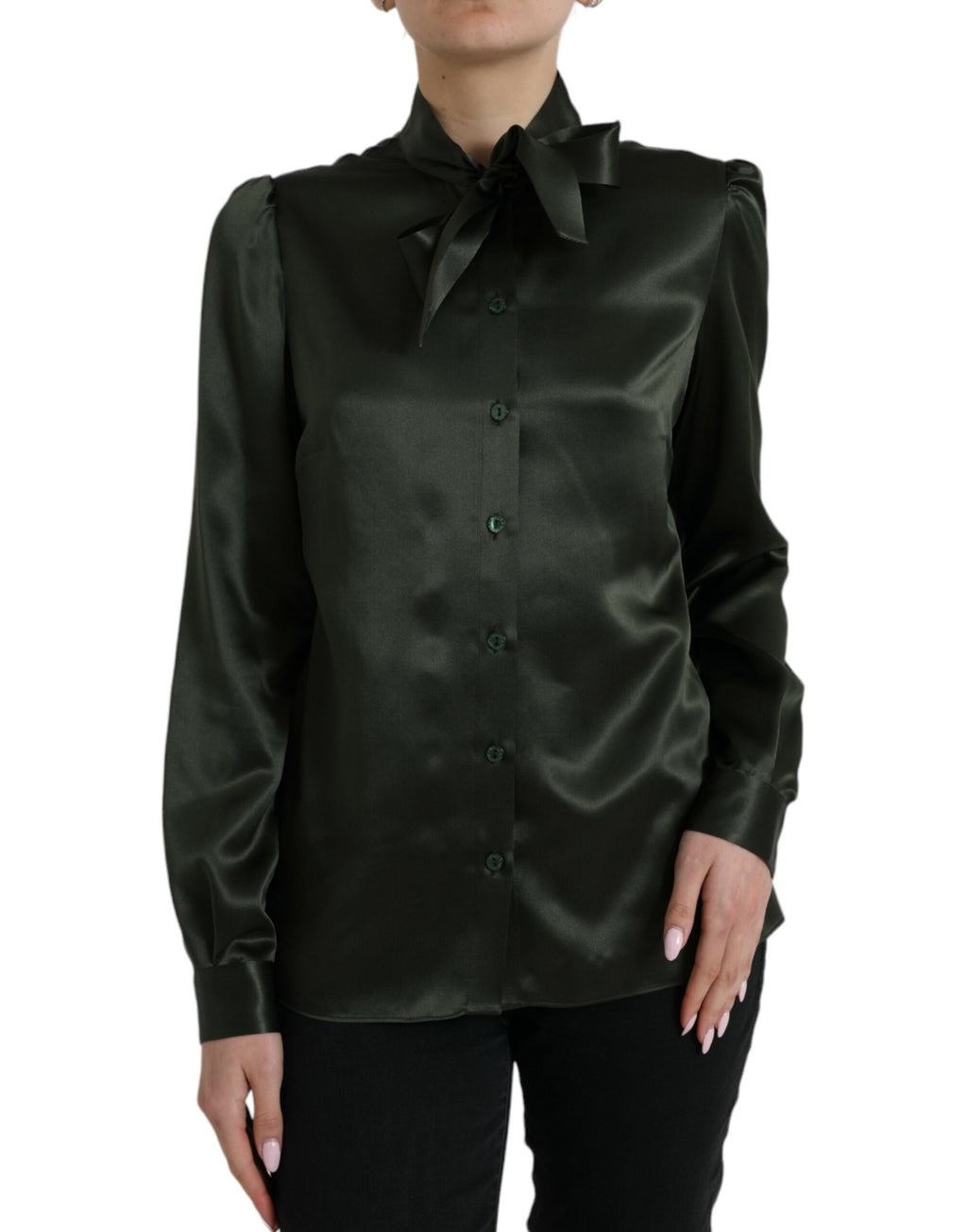 Chemise Dolce & Gabbana à manches longues gris avec col ascot, détail élégant et style sophistiqué visible sur l'image.