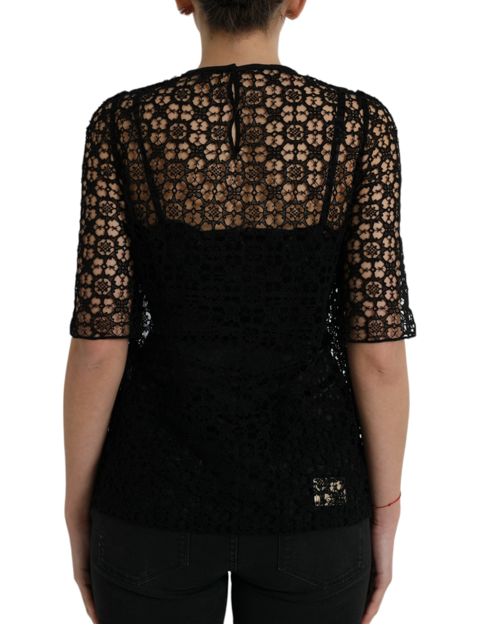 Blouse noire Dolce & Gabbana en dentelle florale à manches courtes, élégante et sophistiquée.