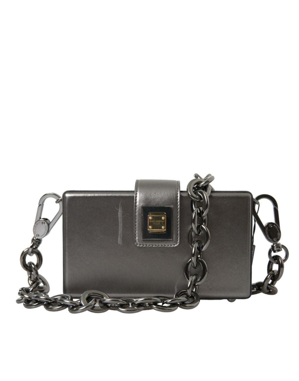 Sac à épaule Dolce & Gabbana DG BOX en cuir de veau gris métallisé, finition élégante et design sophistiqué.