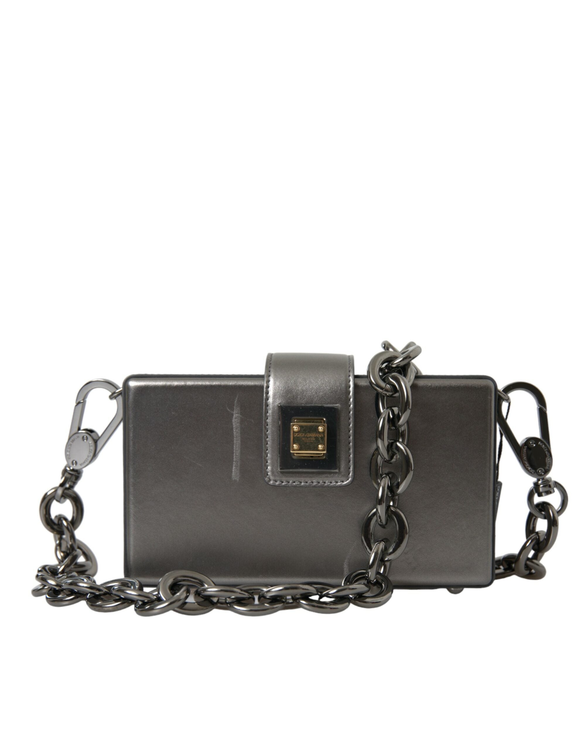 Sac à épaule Dolce & Gabbana DG BOX en cuir de veau gris métallisé, finition élégante et design sophistiqué.