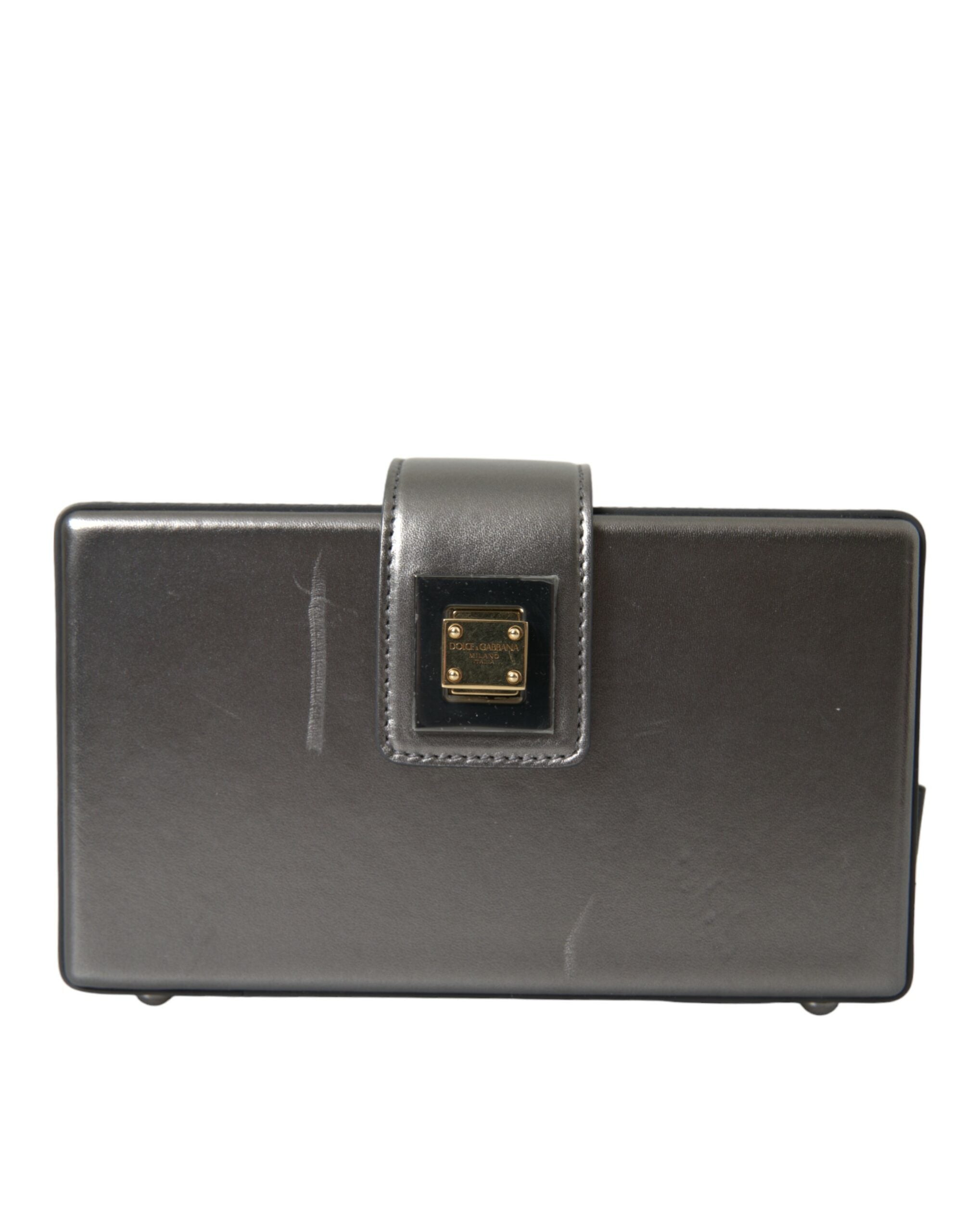 Sac à épaule Dolce & Gabbana DG BOX en cuir de veau gris métallisé avec finition élégante et design moderne.