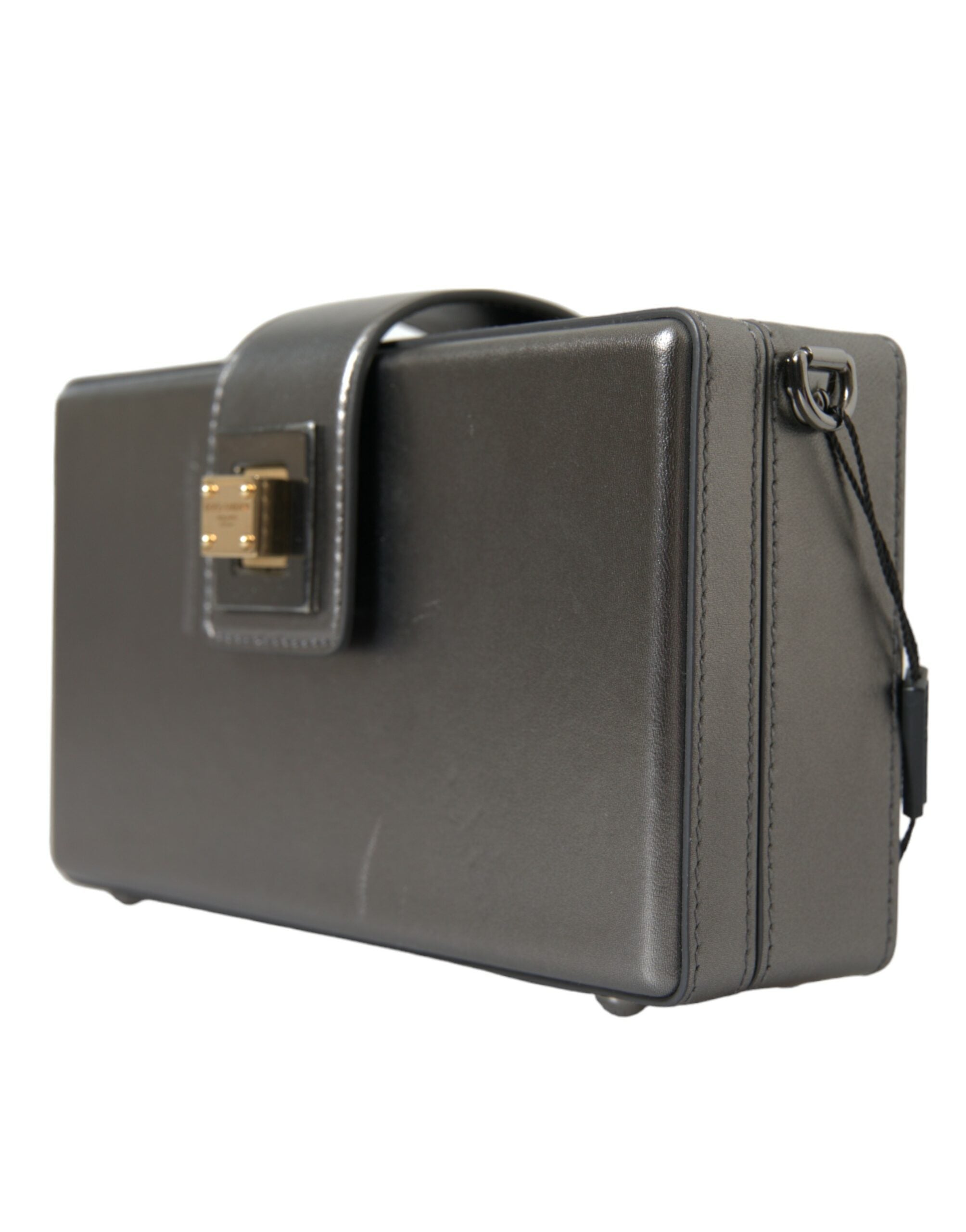 Sac à main Dolce & Gabbana DG BOX en cuir de veau gris métallisé, épuré et élégant, avec bandoulière en cuir.