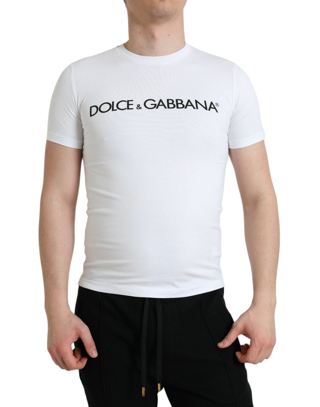 T-shirt blanc en coton Dolce & Gabbana avec logo imprimé, col rond, style décontracté, visible sur la photo