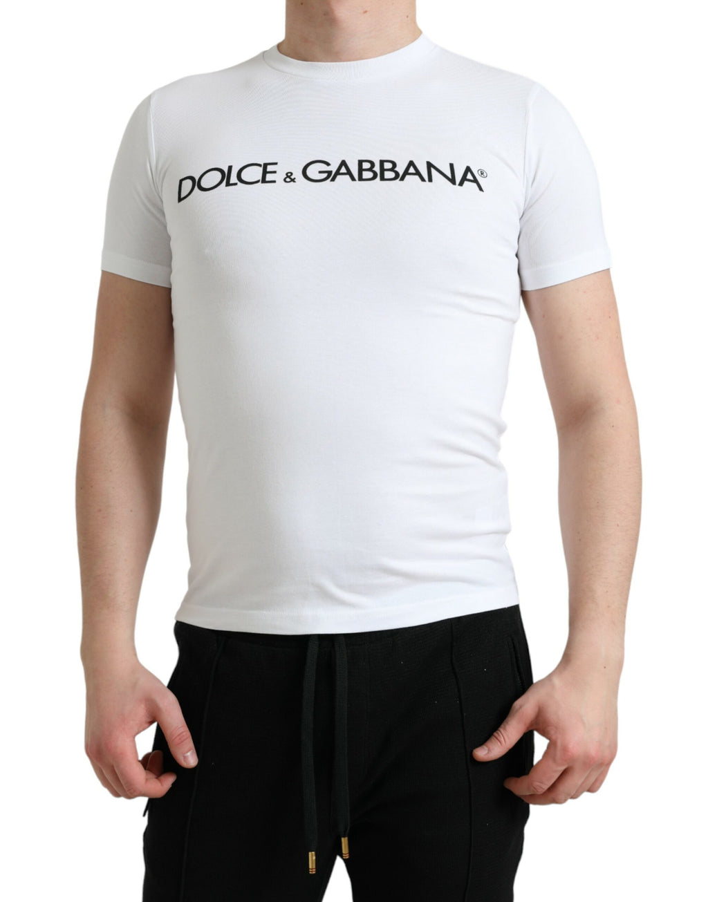 T-shirt blanc Dolce & Gabbana en coton avec logo imprimé, col rond, vue de face.