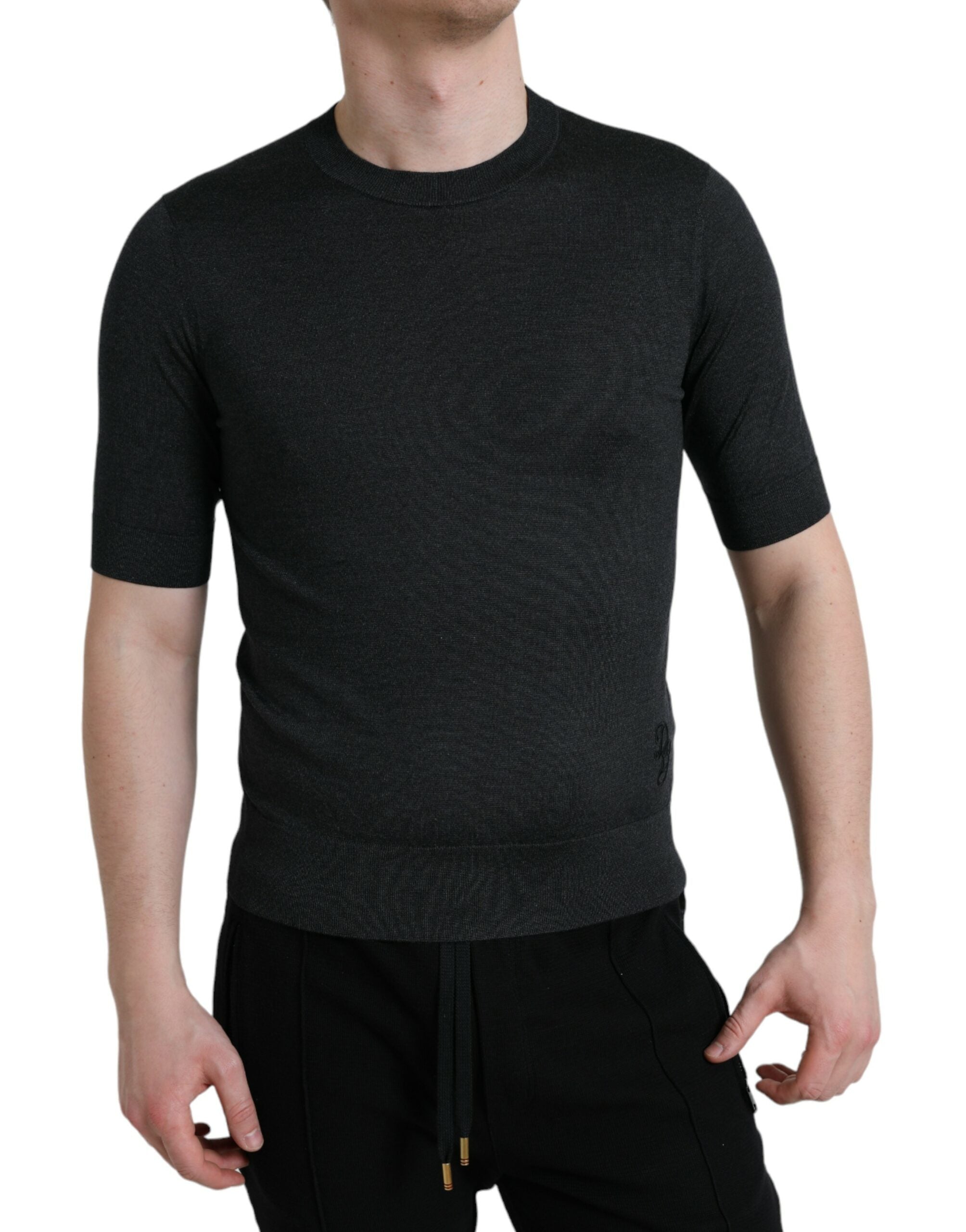 T-shirt homme Dolce & Gabbana gris foncé à col rond et manches courtes, vue de face, tissu en coton.