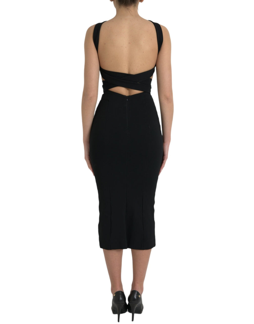 Robe midi noire sans manches à col halter de Dolce & Gabbana, robe ajustée et élégante, vue de face.