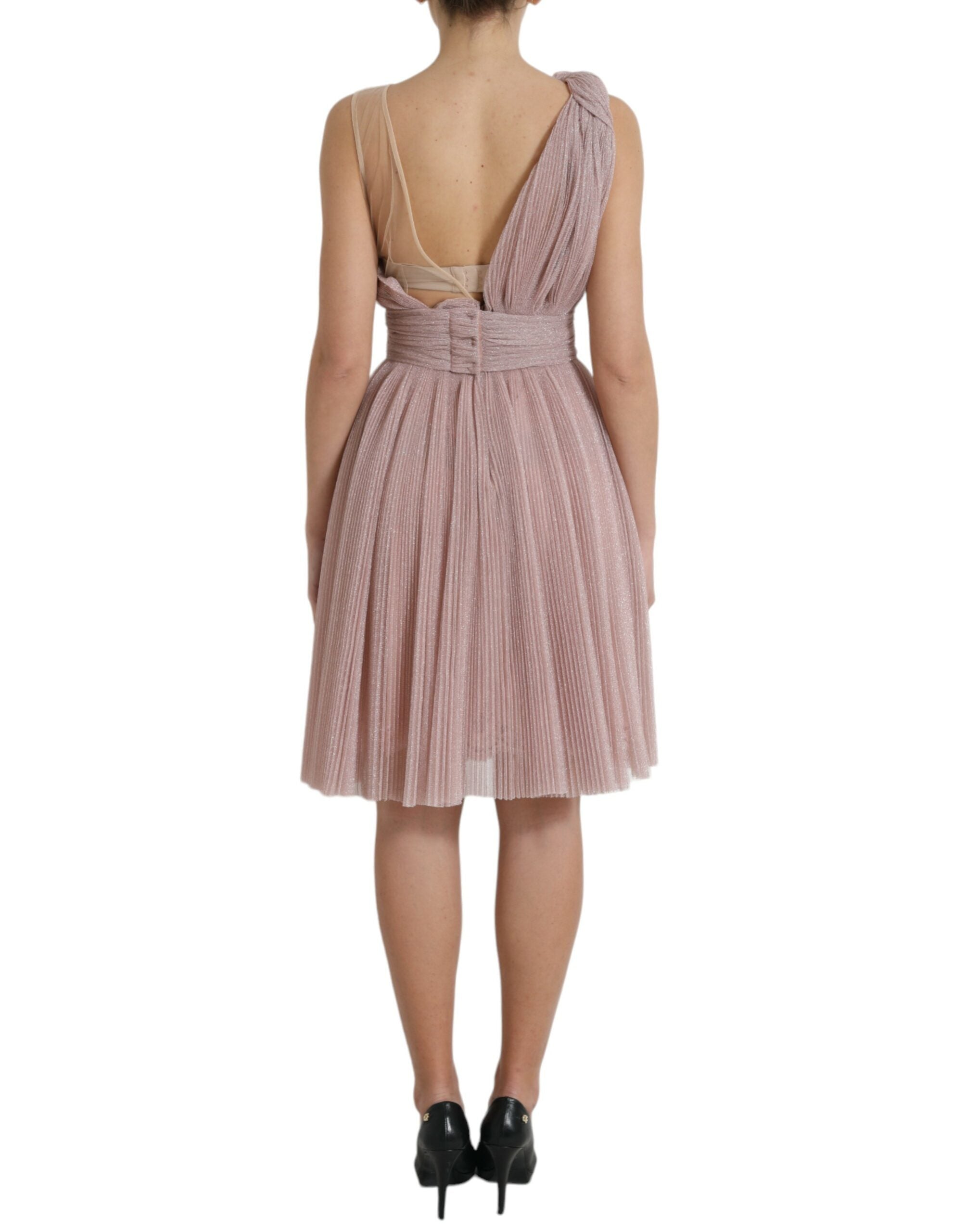 Robe une-épaule en tulle lamé lilas clair plissé de Dolce & Gabbana, élégante et sophistiquée.