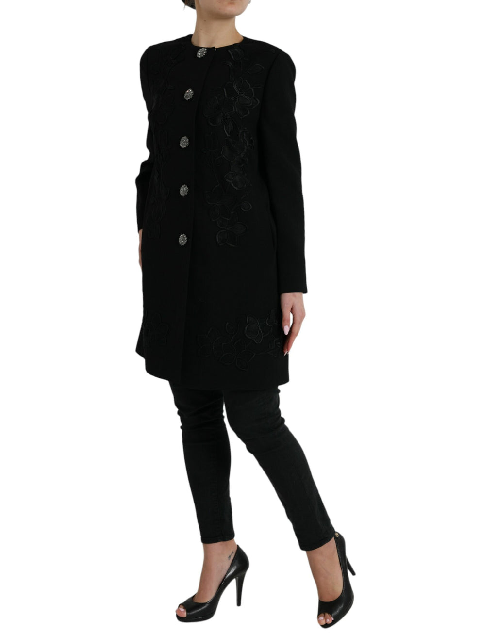 Veste en laine noire Dolce & Gabbana avec motifs floraux, boutons décoratifs et détails élégants.