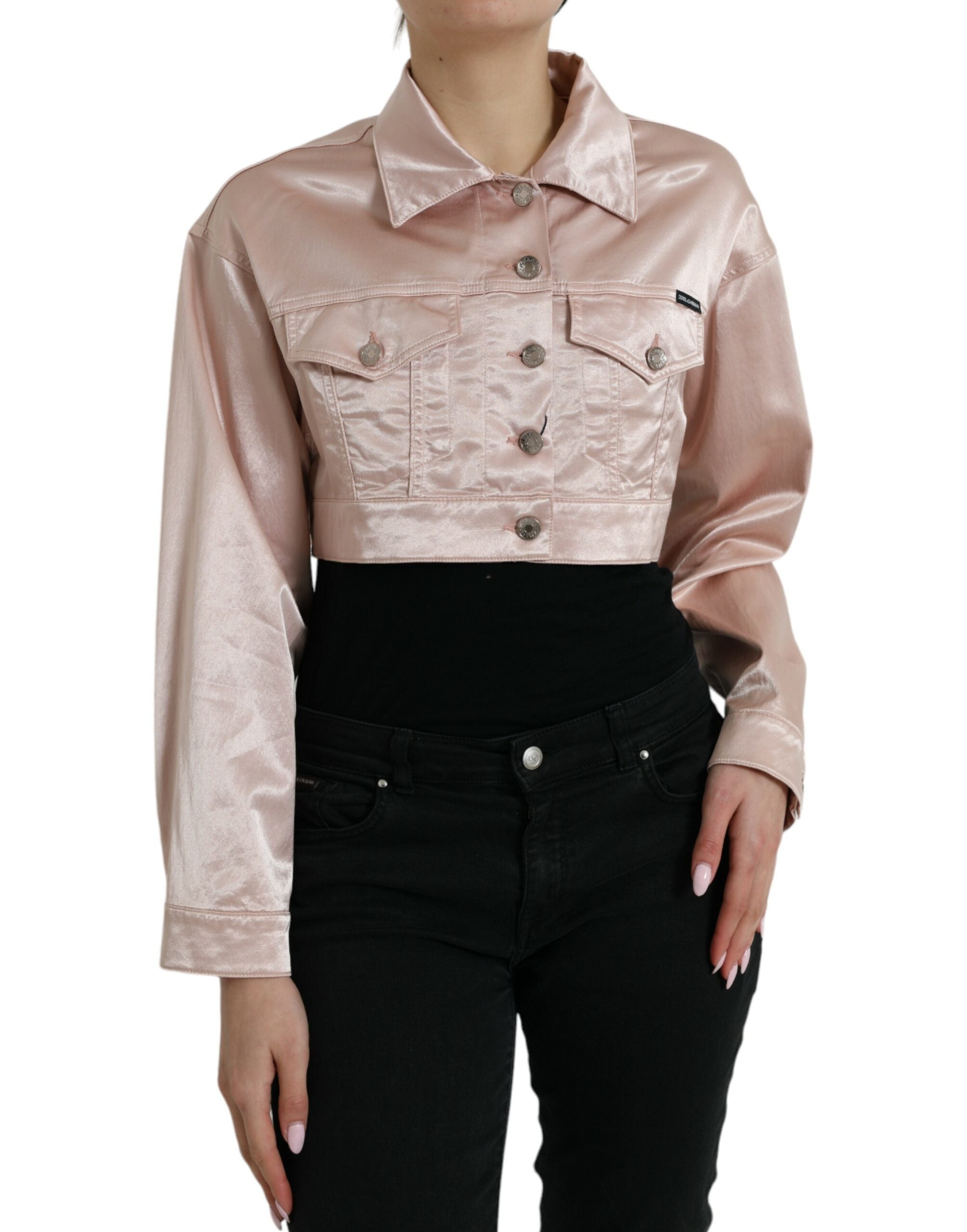 Veste courte en coton stretch rose Dolce & Gabbana avec col, vue de face sur le mannequin.