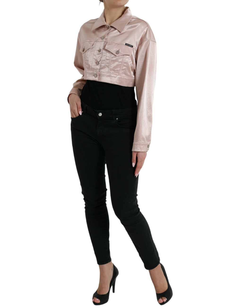 Veste courte en coton rose Dolce & Gabbana avec col, coupe ajustée et style élégant, visible sur l'image.