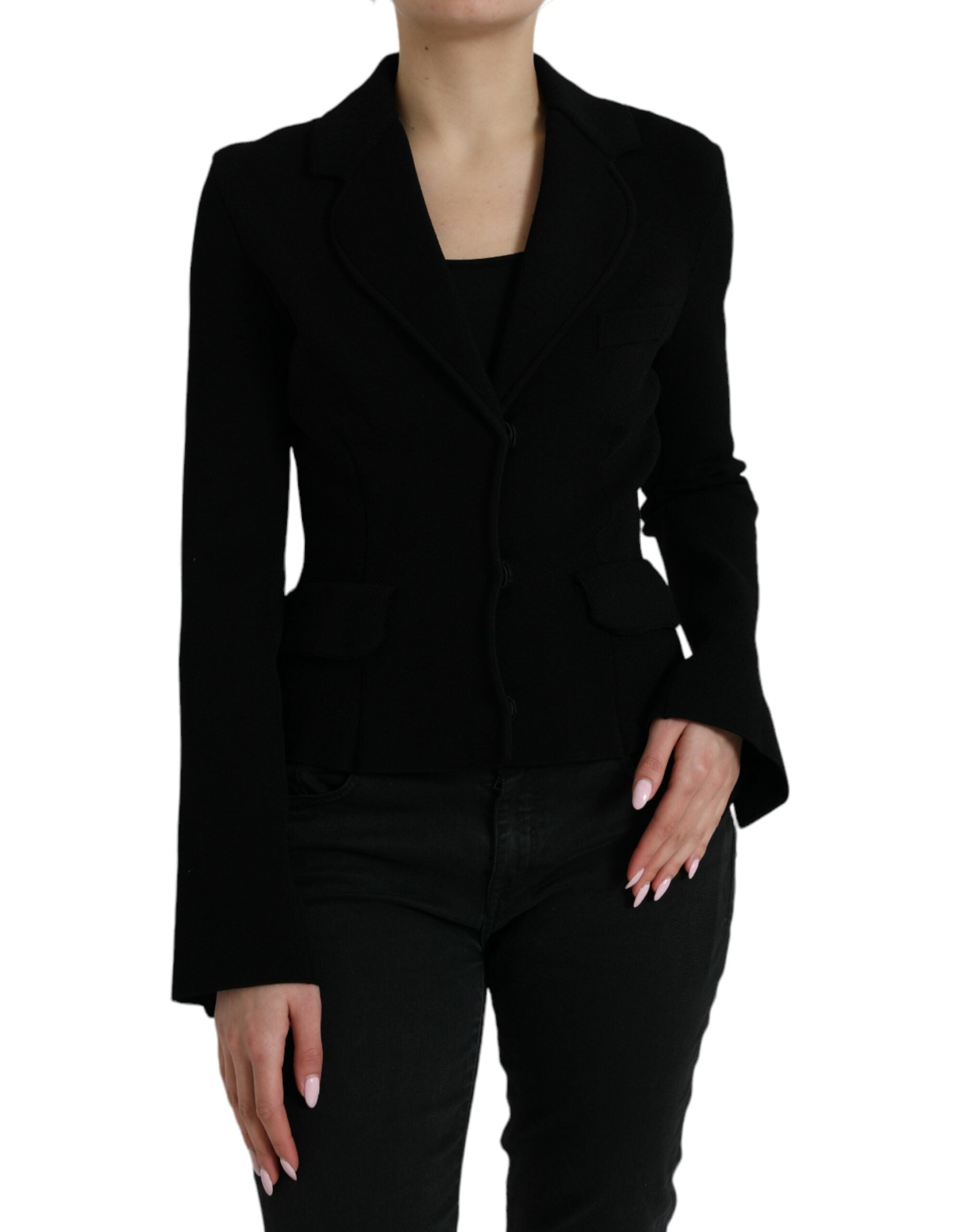 Veste blazer noire en viscose de Dolce & Gabbana, à boutonnière simple, élégante et ajustée sur mannequin.